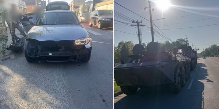 Mașină lovită de un blindat al MApN, în Dolj