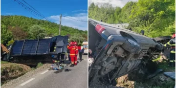 Șase copii și un adult, în mașina răsturnată