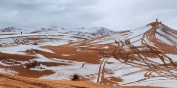 Fenomen spectaculos în Sahara: dunele portocalii au fost acoperite de zăpadă