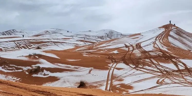 Fenomen spectaculos în Sahara: dunele portocalii au fost acoperite de zăpadă