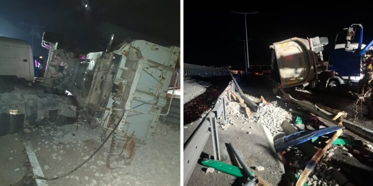 Impact pe drumul expres între un camion, un ansamblu rutier și un autoturism