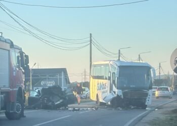 Moment de panică pe DN 67! Un Audi a intrat pe contrasens și s-a izbit de un autobuz