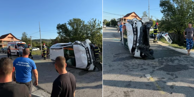 Impact violent în Slivilești! Două mașini s-au făcut praf: una a ajuns în șanț, cealaltă s-a răsturnat